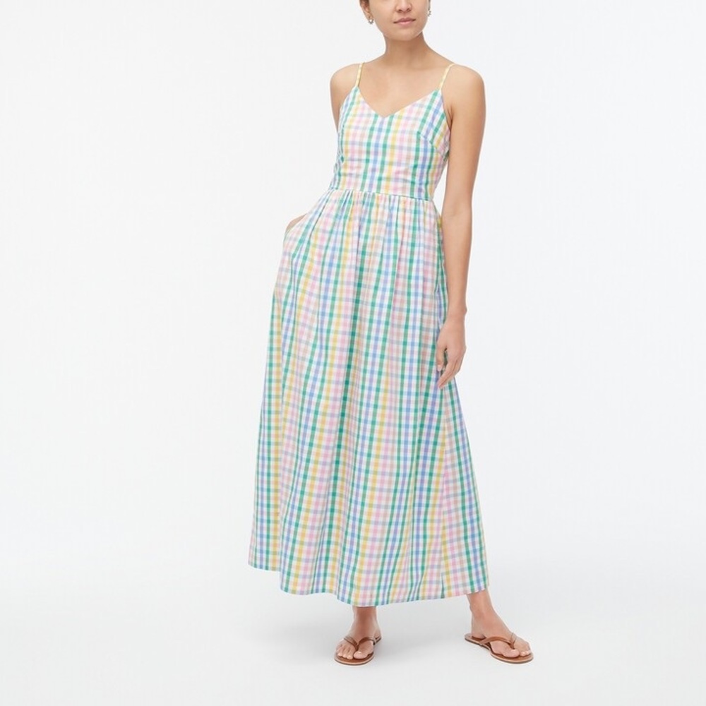 J.Crew Maxi Dress V-neck Gingham Plaid Multicolor Rainbow Cotton with Pockets